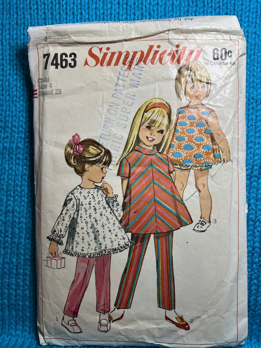 Simplicity 7463 Sewing pattern Girls dress pants shorts 1960s size 4